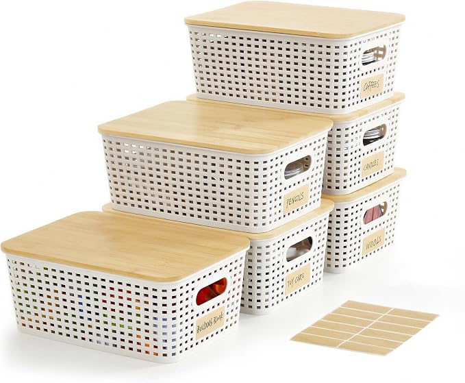 Small Plastic Storage Bins with Bamboo Lids 5.2qt Stackable Box Basket Pantry Decorative Containers Cute with Labels for Organizing Desktop Closet Office Cream White of 6 packs 10*7.2*4.1"