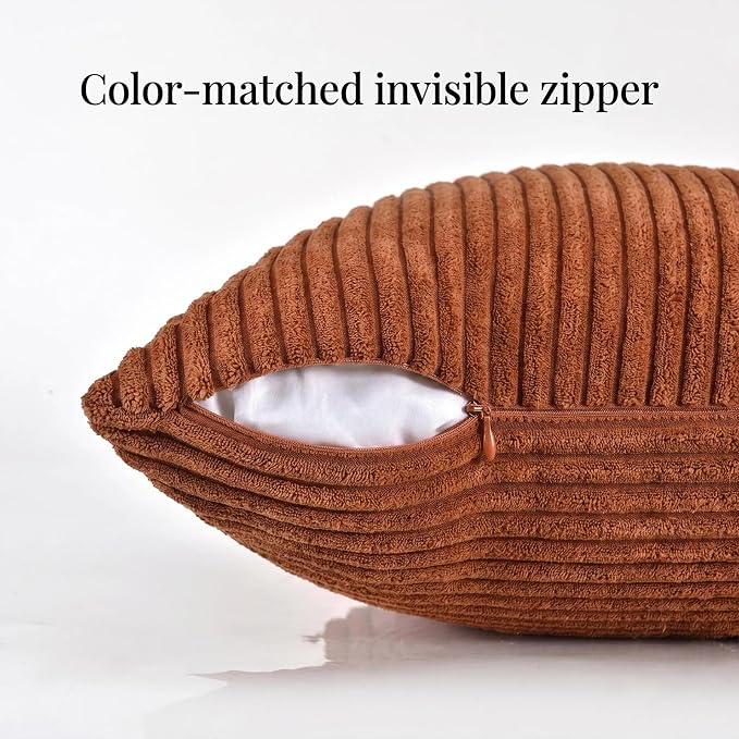Fancy Homi Rust Lumbar Decorative Throw Pillow Covers 22x14 Inch for Living Room Couch Bed, Rustic Farmhouse Boho Home Decor, Soft Striped Corduroy Rectangle Accent Terracotta Cushion Case 35x55 cm