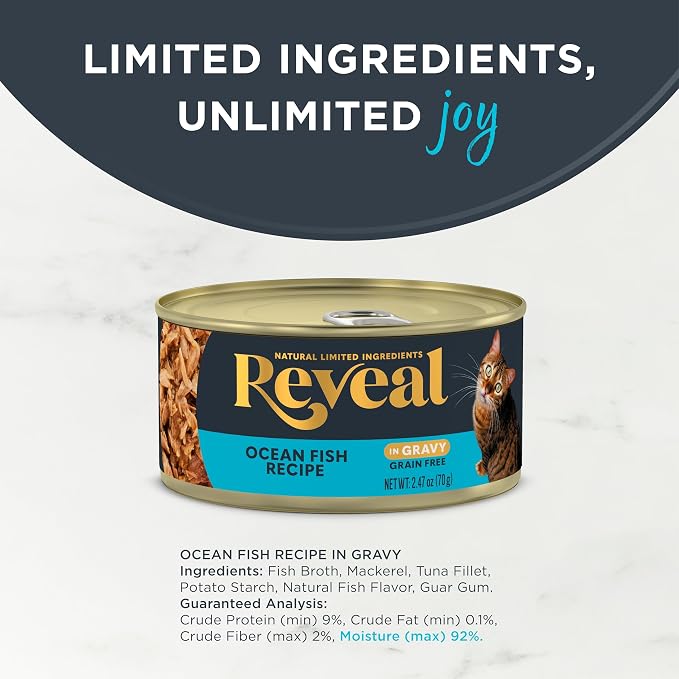 Reveal Ocean Fish in Gravy Wet Cat Food 24-Pack 2.47 oz Cans | 100% Natural, High Quality Protein, Limited Ingredient, Grain Free, No Fillers, No Artificial Additives, No By-Products