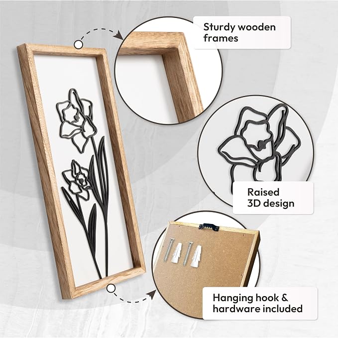 3D Black and White Wall Art (Set of 2) Lightweight, Wooden Ready-to-Hang Framed Floral Wall Art for Bathroom, Bedroom, Living Room or Office – Boho Botanical Farmhouse Decor – Gift-Boxed