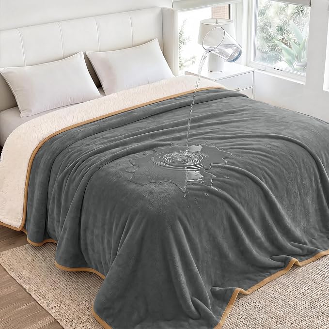 Luciphia Waterproof Pet Blanket, Washable Reversible Sherpa Fleece Throw | Liquid-proof furniture protector for bed and couch, soft reversible sherpa fleece for dogs, cats grey, KING