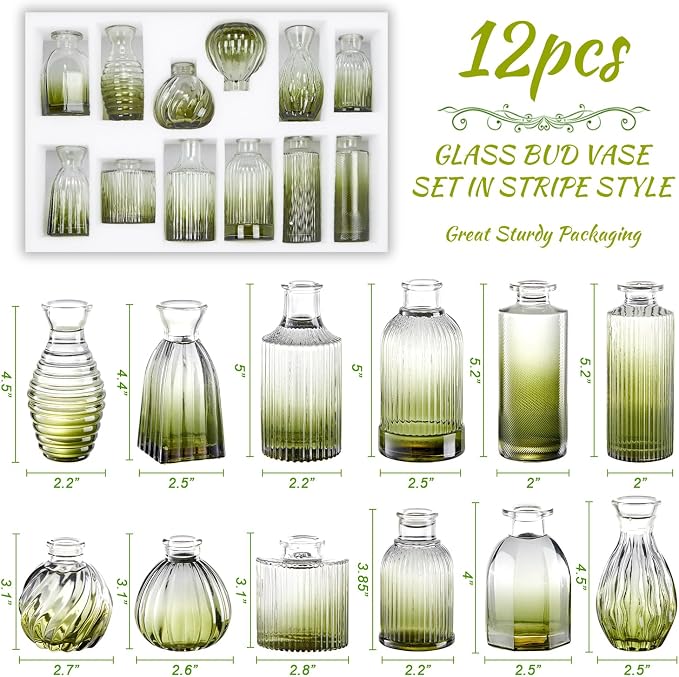 Green Bud Vases Set of 12, Small Green Glass Vase for Table Centerpieces | Ribbed Flower Vase Stripe Bud Vases in Bulk Wedding Birthday Bridal Shower Home Table Decoration