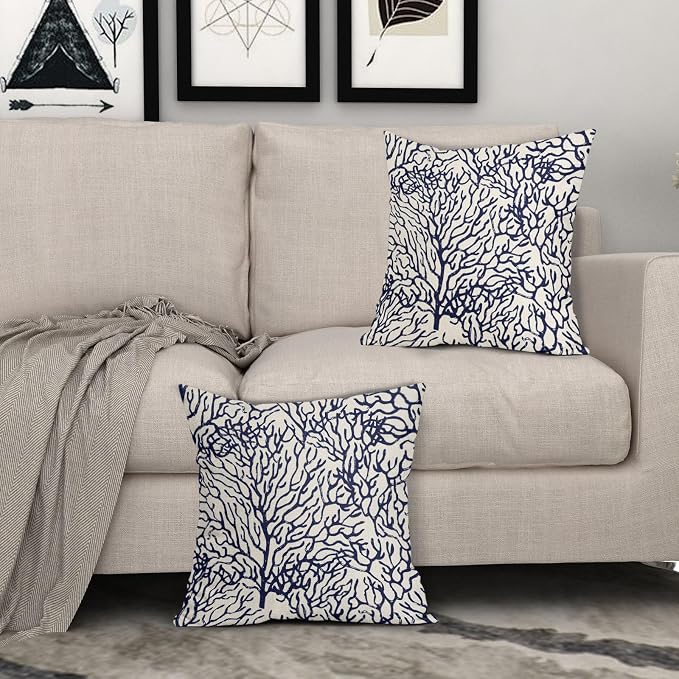 Nautical Coastal Coral Pillow Covers 20x20 Inch Set of 2 Summer Ocean Beach White Blue Decorative Pillow Cases Outdoor Linen Cushion Cover Farmhouse Decor for Bedroom Home Sofa Couch Bed