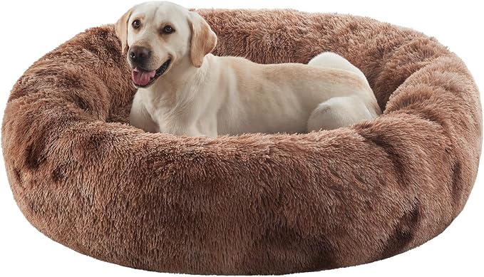 45 in Faux Fur Donut Dog Bed for Extra Large Dogs,Tie-dye Brown | Calming Plush Round Jumbo Fluffy Pet Bed with Removable & Washable Cover,Fits up to 120 lbs Pets