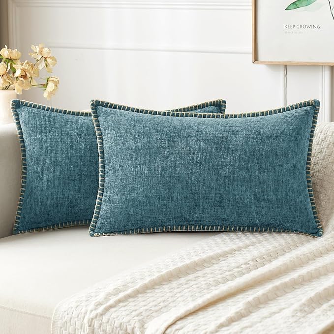 MIULEE Decorative Lumbar Throw Pillow Covers 12x20 Inch Smoke Blue 2 Pack | Farmhouse Pillow Covers with Stitched Edge, Soft Chenille Cushion Cases, for Couch Sofa Bed Living Room Home Decor