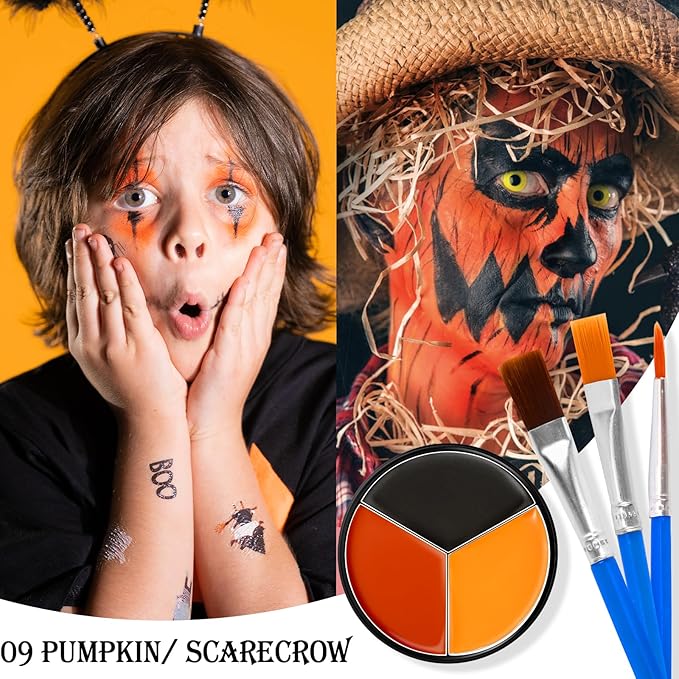 Black Red Orange Face & Body Paint - Blendable Facepaint Foundation with Sponge & Brush for Skin, Professional Halloween Face Make-up Kit for Scarecrow Tiger Devil Pumpkin Fox Lion Costume