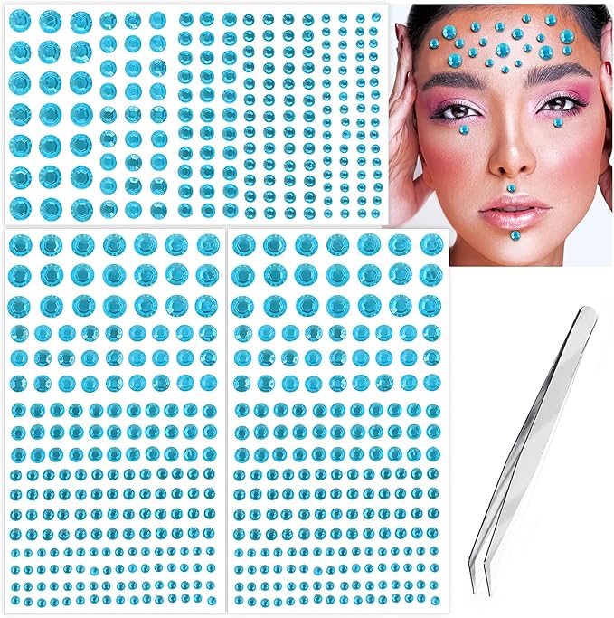 591pcs Face Gems Hair Gems Pearls, Self-Adhesive Face Jewels Eye Rhinestones 3/4/5/6/8 mm Face Gem Stick on, Halloween Makeup Gems Rave Accessories for Face Eyes Body Makeup (19.Aqua Blue)