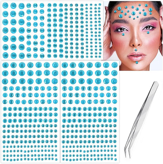 591pcs Face Gems Hair Gems Pearls, Self-Adhesive Face Jewels Eye Rhinestones 3/4/5/6/8 mm Face Gem Stick on, Halloween Makeup Gems Rave Accessories for Face Eyes Body Makeup (19.Aqua Blue)
