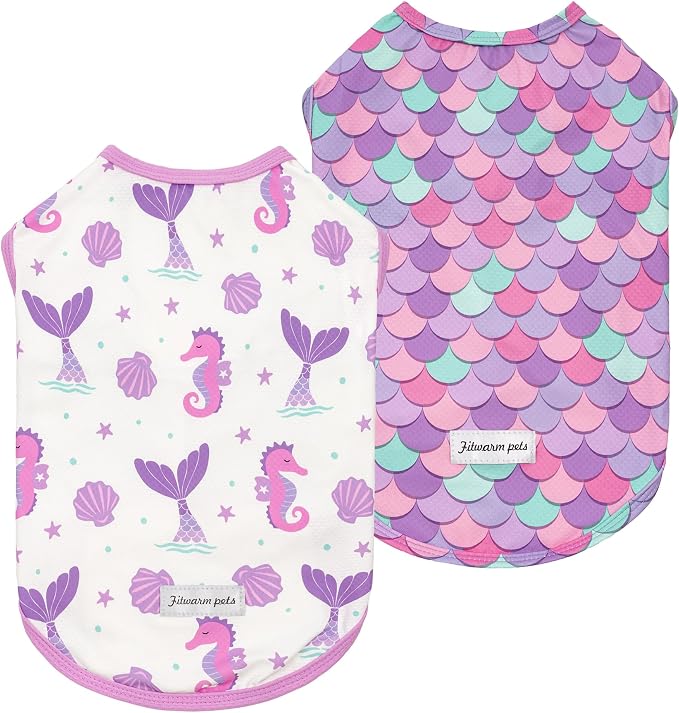 Fitwarm 2 Pack Mermaid & Scale UPF 50+ UV Sun Protection Dog Shirt, Lightweight Cooling Vest, Quick Dry Summer Clothes for Small Dogs Girl, Pet Outfit, Purple, Pink, White, XL