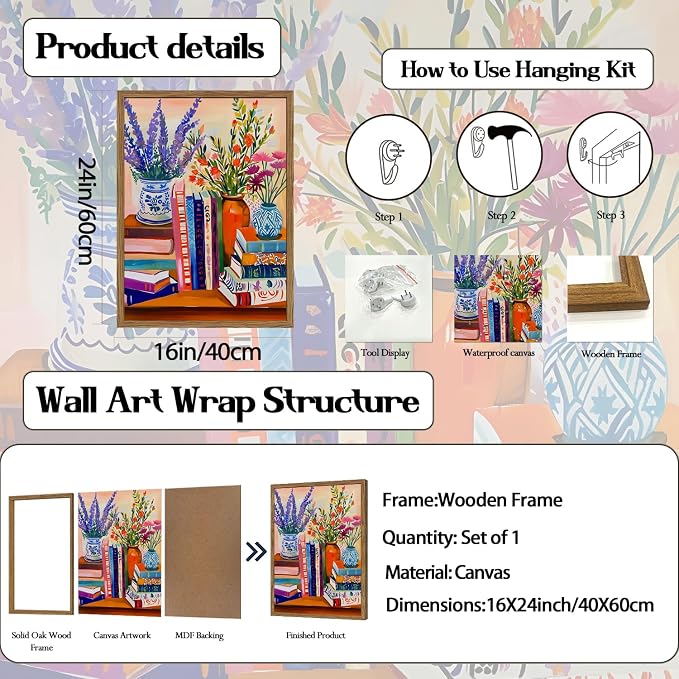 Vintage Floral Book Wall Art Color Book Still Life Wall Decor Painting Pictures Fashion Flower Bookshelf Poster Canvas Print Artwork for Bedroom Living Room 16x24 inch Wood Framed