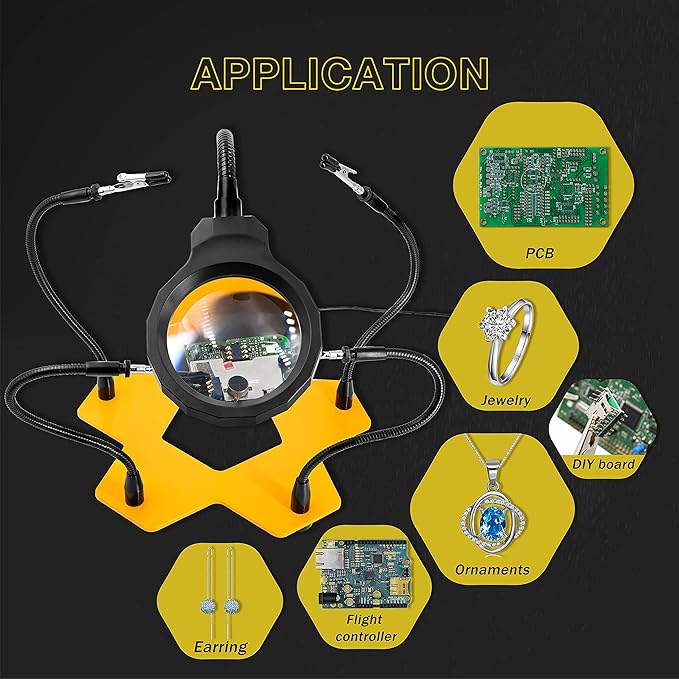 KOTTO LED Lighted Magnifying Third Hand Soldering PCB Holder Tool Five Arms Helping Hands Crafts Jewelry Hobby Workshop Helping Station Non-slip weighted base, LED Lamp