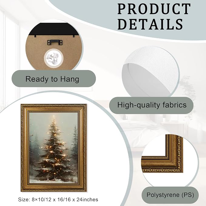 Fantasy Artists Christmas Framed Canvas Wall Art, Lighted Christmas Tree in Snowy Forest Gold Frame Print, Vintage Winter Holiday Decor for Living Room Bedroom Entryway, Ready to Hang, 8" Wx10 H