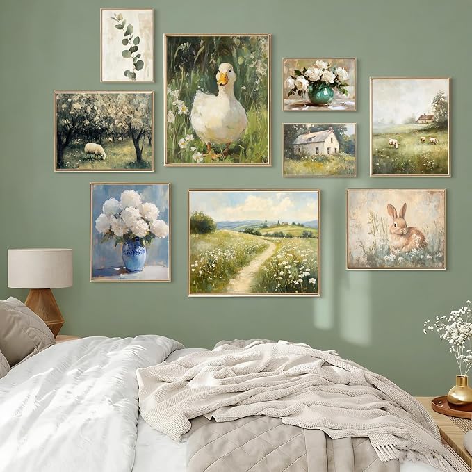 KBKBART 9pcs French Decor For Home - Country French Wall Art Posters, Easter Bunny Goose Pictures,Vintage Art Gallery Wall Prints Landscape Painting For Bedroom Decor(Unframed)