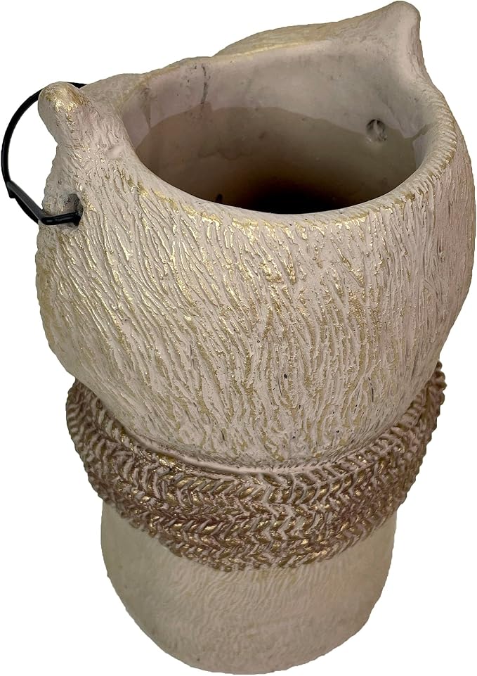 Owl Cement Vase, 8.25 Inch Bespectacled Woodland Planter | Horned Tufts, Distressed Taupe Finish, Real Black Wire Glasses, Gold-Brushed Knit Scarf, 2.75 Inch Opening
