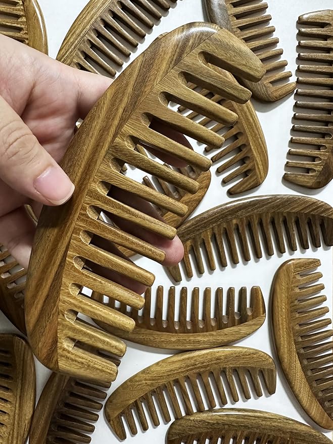 Yuutbiu Wide Tooth Green Sandalwood Detangler Comb - Wooden Hair Comb for Natural Hair, Curly/Thick Hair Knot Remover (No Handle, Scented Wood)