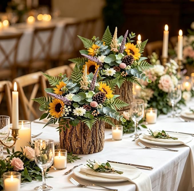 12 Set 3.5in Wooden Vases for Centerpieces, Wedding Flower Table Wood Vase Rustic Tree Stump Planter Pots with Foam Blocks for Woodland Party Home Farmhouse Table Decor (12 Set with Flower Foam)