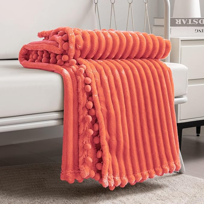 DISSA Fleece Blanket Queen Size – 90x90, Coral - Soft, Plush, Fluffy, Fuzzy, Warm, Cozy – Perfect Throw for Couch, Bed, Sofa - with Pompom Fringe - Flannel Blanket