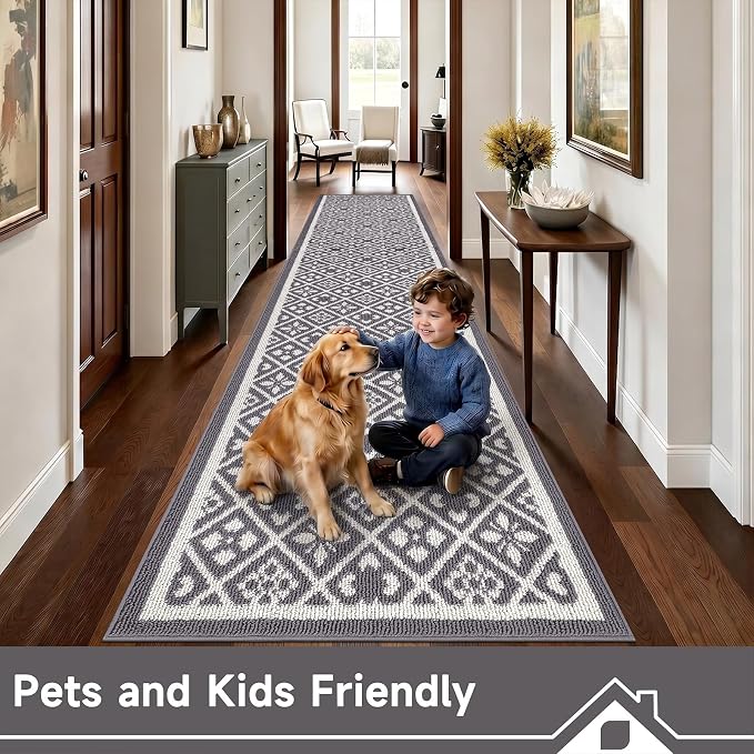 Ileading Hallway Runner Rug 2.6'x12' Heavy-Duty Durable Entryway Floor Mat with Non Slip Rubber Backing for Busy Traffic Extended Indoor Doormat Machine Washable Kitchen Throw Rug for Corridor(Grey)