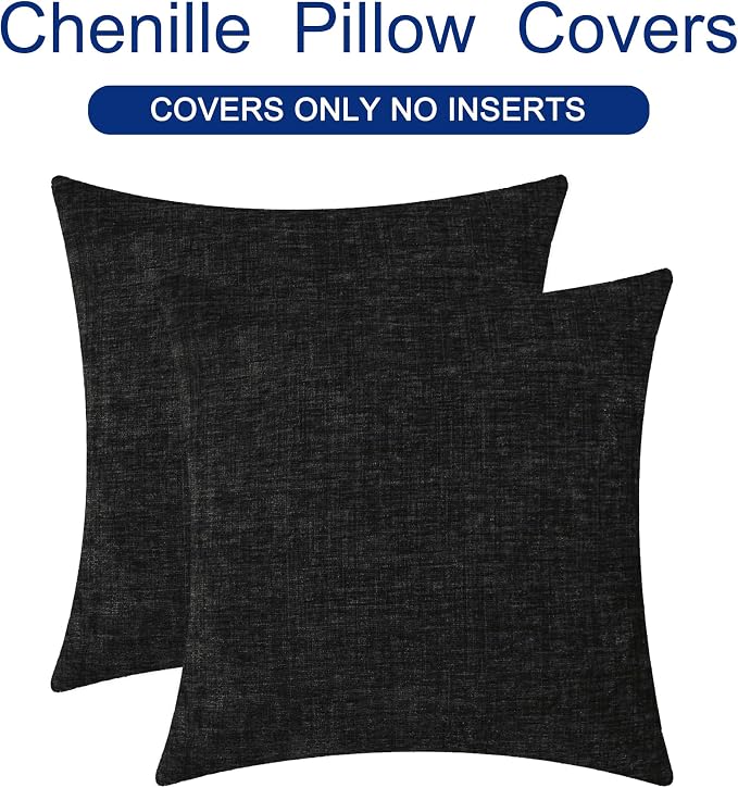 CaliTime Decorative Couch Throw Pillow Covers 26 X 26 Inches Black | Pack of 2, Cozy Chenille Cushion Cases for Sofa Bed Living Room Farmhouse Home