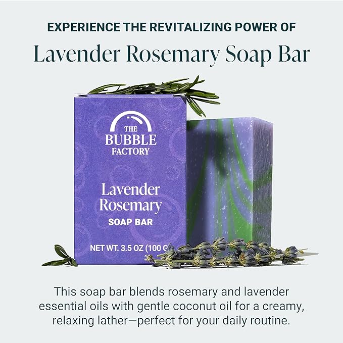 The Bubble Factory Handmade Soap, All Natural Soap for Women & Men, Hand, Bath & Body Natural Bar Soap, Vegan, Palm Oil Free, Made in USA with Shea Butter + Essential Oils, Lavender Rosemary, Single