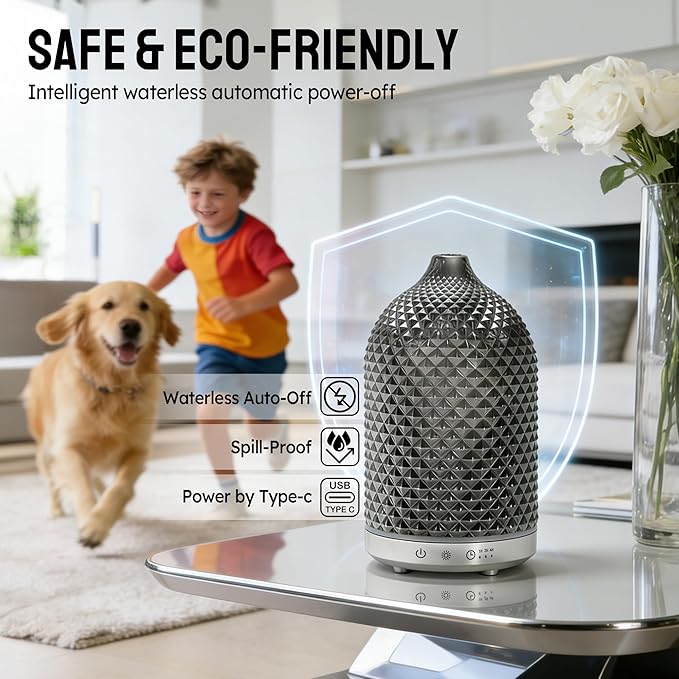 Essential Oil Diffuser 150ml, Glass Diffuser with Ultrasonic Small Humidifier, 7 Color Lights, 1/2/4H Timer, Quiet Auto Shut-Off Oil Diffuser for Bedroom, Home, Office (Silvery)