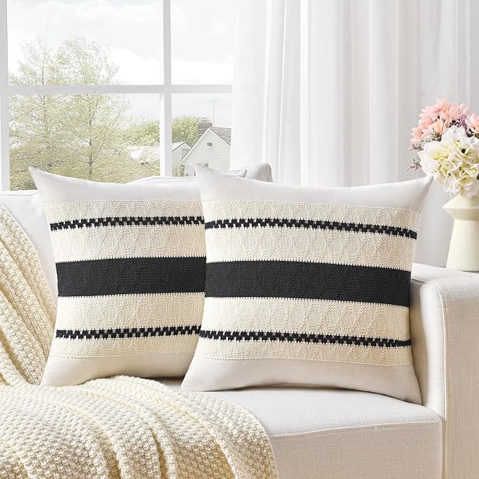 Fancy Homi Set of 2 Boho Black Big Decorative Throw Pillow Cover 24x24 Inch for Couch Bed Bedroom, Aesthetic Modern Organic Farmhouse Room Decor, Soft Cotton Accent Macrame Woven Cushion Case