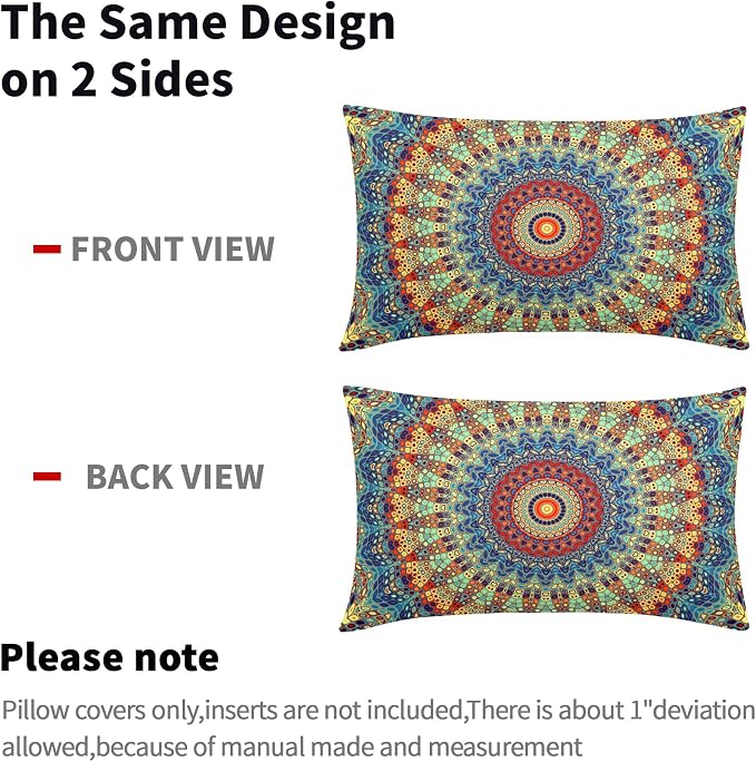 Boho Mandala Floral Lumbar Pillow Covers 12X20 Inch Set of 2 Navy Blue Orange Abstract Flower Decorative Pillow Cases Colorful Retro Ethnic Cushion Case Home Decor for Sofa Couch Porch Outdoor