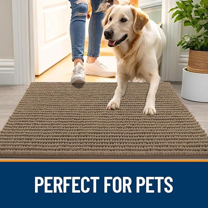 OLANLY Dog Door Mat for Muddy Paws 44x24, Extra Absorbent Chenille Mud Mat | Tan, Absorbs Moisture and Dirt, Non-Slip Machine Washable Doormat, Quick-Drying Indoor Entryway Floor Mat for Dogs