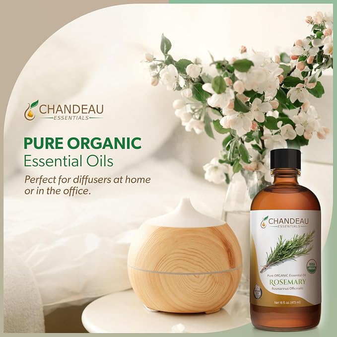 100% Pure Organic Essential Oil, Pure Rosemary Essential Oil for Aromatherapy, Soap Making, Candles, Laundry, Perfume, Cleaners or Diffusers - Large Amber Glass Bottle, 16 oz.