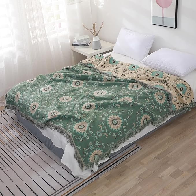LUTBM Boho Throw Blanket for Bed 60"x80", 100% Cotton Soft Couch Blankets | Reversible Floral Jacquard, All-Season Twin Quilt, For Chair Sofa Living Room, Lightweight & Breathable Gauze, Home Decor