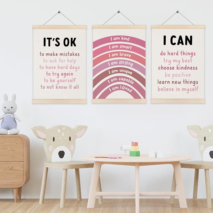 Koesus Inspirational Classroom Pink Rainbow Wall Art Poster Hanger Frame 12x16 Inch Set of 3, Positive Affirmations for Kids, Motivational Canvas Prints Framed Wall Decor for Classroom Kids Room
