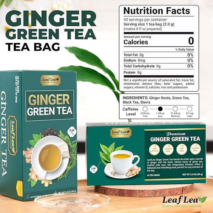 LeafLea Ginger Green Tea Bags, Digestion & Immune Support, 80 Count, 2-Pack | Real Ginger Root In A Smooth Green Tea Blend, Lightly Stevia-Sweetened, Vegan, Non-GMO, Low Caffeine