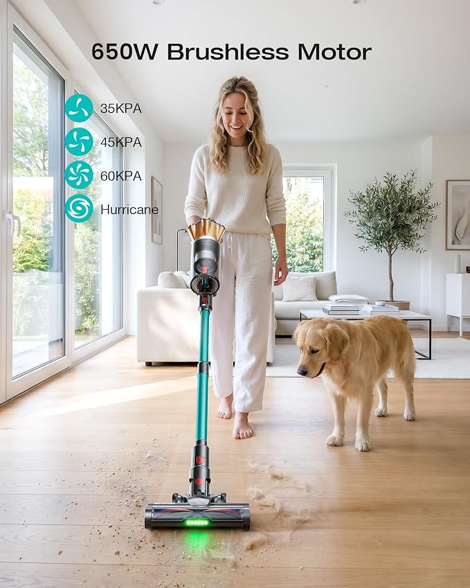 Cordless Vacuum Cleaner, 60Kpa 650W Stick Vacuum with Hurricane Mode, 70-Min Runtime, Anti-Tangle Brush, Self-Standing, LED Display, Cordless Vacuum for Pet Hair, Carpet & Hard Floor, car