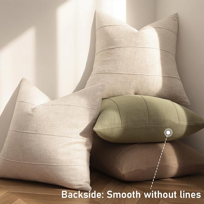 Decorative Linen Throw Pillow Covers 20x20 Set of 2 Solid handcrafted Striped Cushion Covers for Bed Soft Modern Farmhouse Neutral Pillowcase for Couch Bedroom Living Room Home Decor(Natural Beige)
