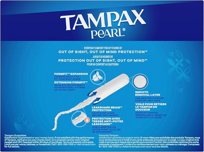 Tampax Pearl Tampons for Women, with LeakGuard Braid, Ultra Absorbency, Unscented, 45 Count