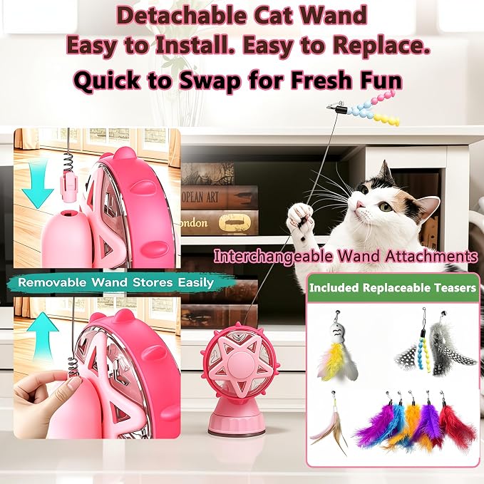 Cat Toys for Indoor Cats，Interactive Cat Toy Kitten Toys Enrichment with Adjustable Cat Food Dispenser, Slow Feeder Puzzle Removable Teaser Wand Toy for Bored Indoor Adult Cats (Rosy Pink)
