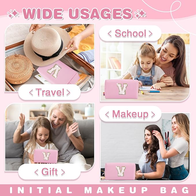 Small Personalized Initial A-Z Patch Makeup Bag,Pink Cute PU Leather Glitter Letter Cosmetic Bag for Teen Girls,Travel Toiletry Bag with Zipper,Preppy Monogrammed Birthday Gift for Daughter Niece V