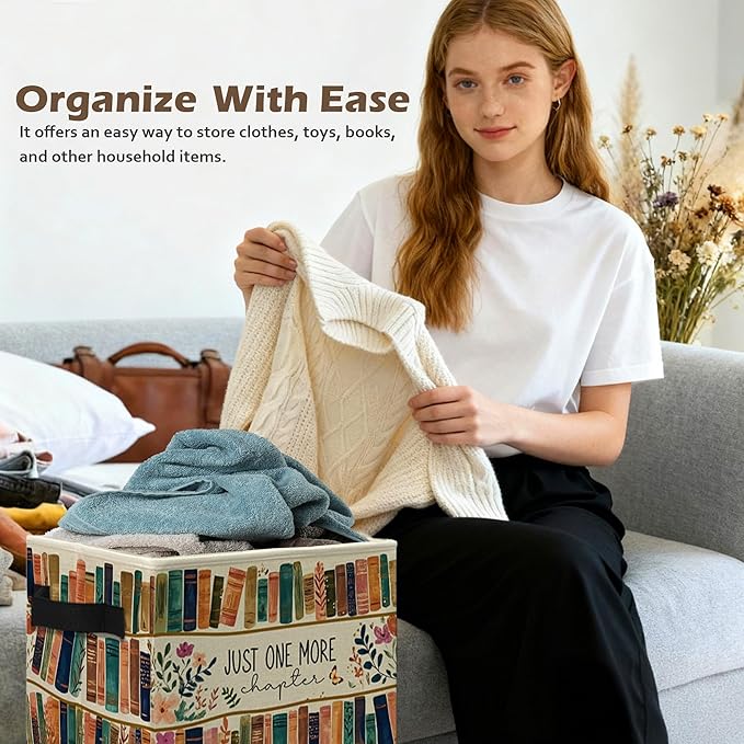 Floral Bookish Storage Box Bins, Book Lover Reader Gifts, Just One More Chapter Collapsible Storage Basket Organizer for Reading Room Corner Home Library Clothes Books