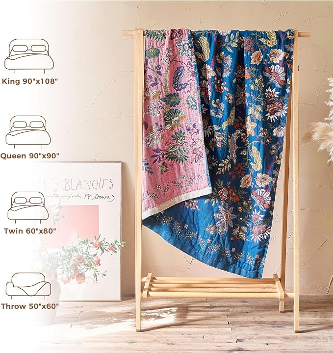 LUTBM Boho Throw Blanket for Bed 60"x80", All Season Cotton Couch Blankets | Blue Reversible Floral Jacquard, Muslin Gauze Twin Quilt, For Chair Sofa Bedroom Living Room Decor, Lightweight & Breathable