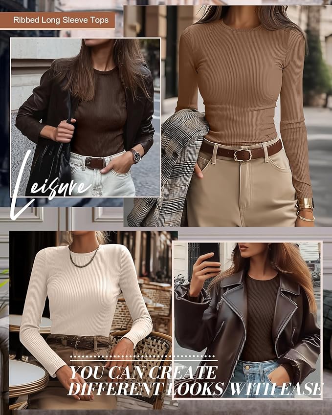 Ficerd 3 Pack Women's Ribbed Long Sleeve Tops, Crew Neck Slim Fit Undershirts Knit Basic Casual Stretch Layering Tee Shirts