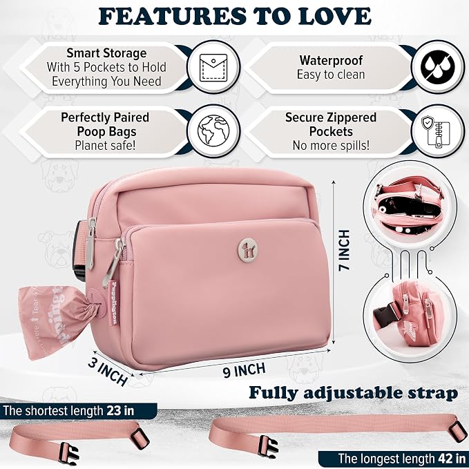 Puppington 3-in-1 Crossbody Dog Walking Bag & Treat Pouch with Matching Planet Safe Poop Bags & Built-In Dispenser - Zippered Pockets (Blush Pink)