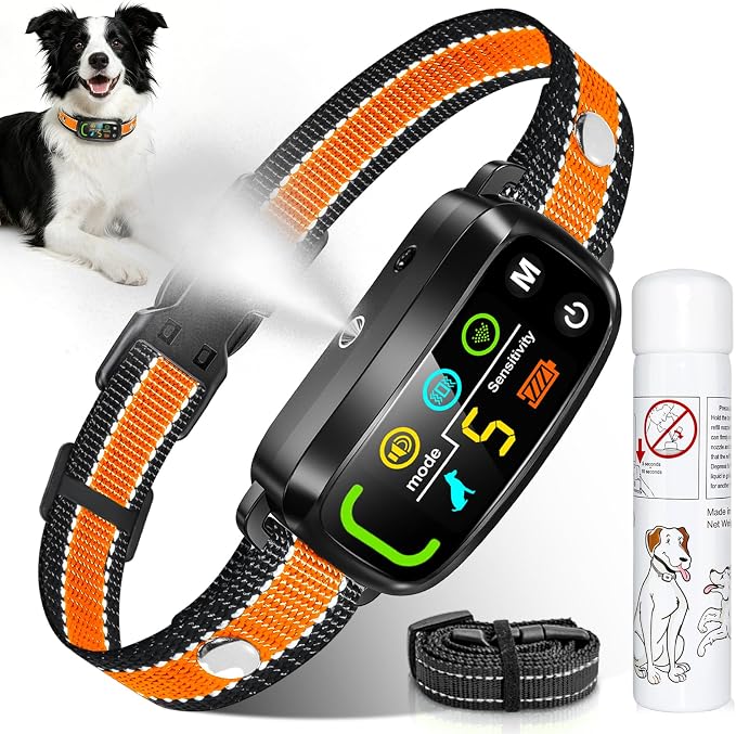 Citronella Bark Collar for Dogs, 5 Training Modes & Levels, 1 Spray Refill | Anti Barking Training Collar, beep/vibration/spray modes, IP65 waterproof, for S/M/L Citronella Collar, with 2 straps, Orange