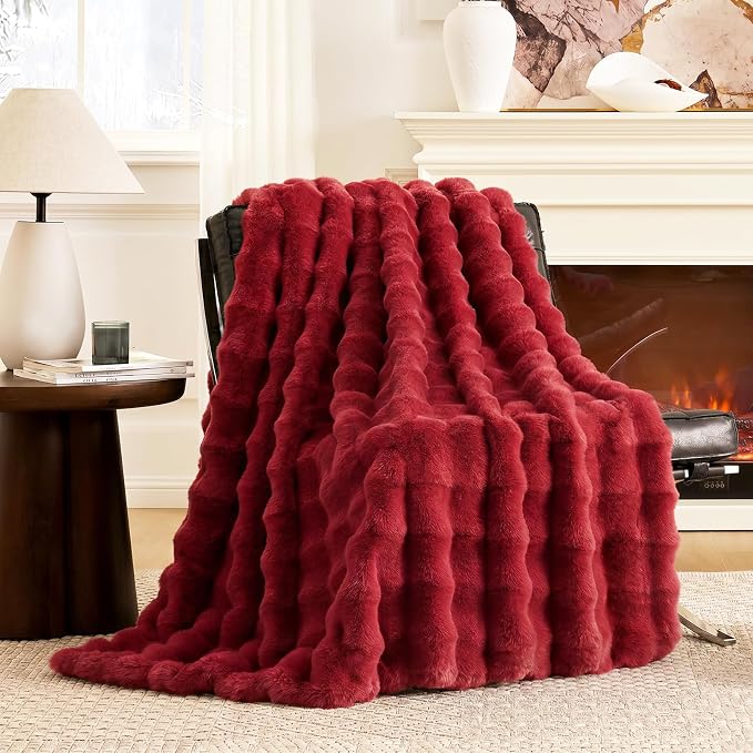 Cozy Bliss Faux Fur Throw Blanket for Couch, Fuzzy Soft Plush Thick Bubble Blanket for Sofa Bedroom Living Room, 60 * 80 Inches Red