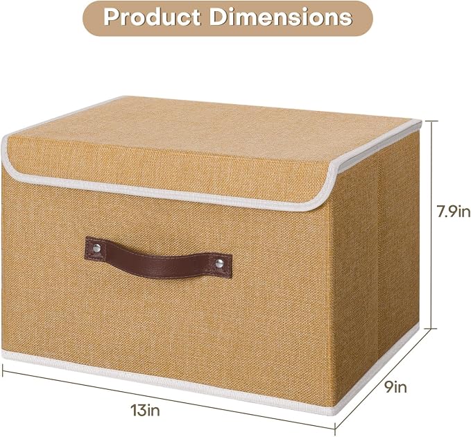 ANMINY Fabric Storage Box Bins with Lids, Khaki, 13"x9"x7.9", 4 Pack | Keepsake Memory Storage, Cotton Linen, PP Board Reinforced, Washable, PU Handles, Foldable & Stackable, Decorative, Medium