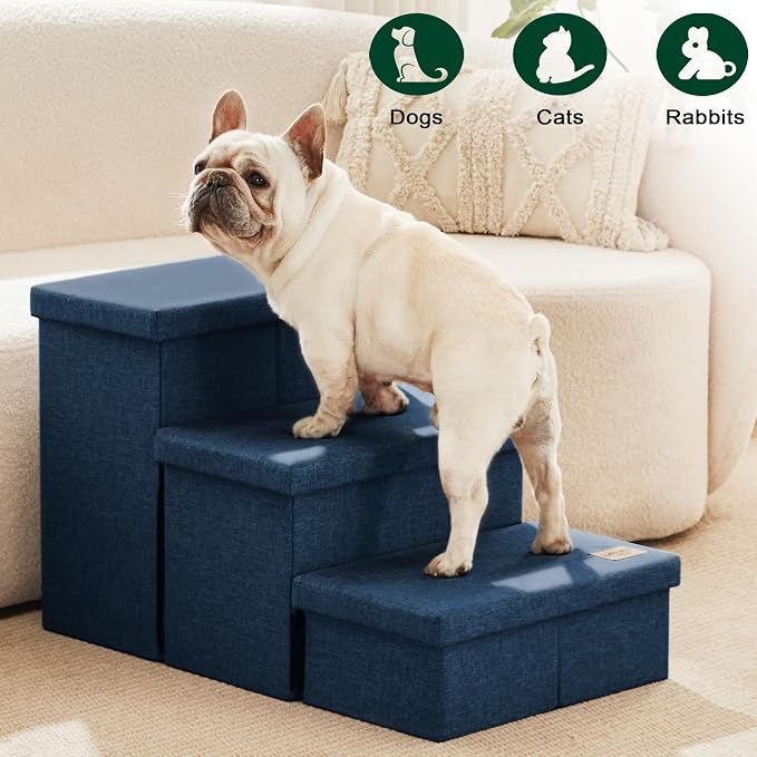 Love's cabin Dog Stairs for High Bed, Foldable Pet Stairs for Small Medium or Large Dogs Puppy with Storage for Bed or Couch, Cat Dog Steps Ramp with Zip up to 200 lbs, Navy Blue, 3 Steps