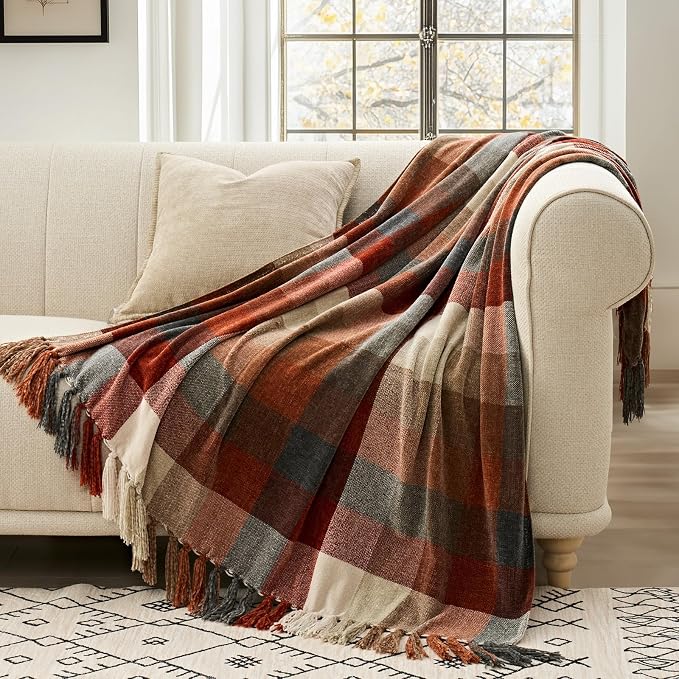 Plaid Chenille Fall Throw Blanket, 50"x60", Harvest Orange Plaid | Super Soft Knit Throw with Tassels, Cozy, Decorative Rustic Farmhouse Decor for Autumn, Ideal for Couch Bed Sofa Gift