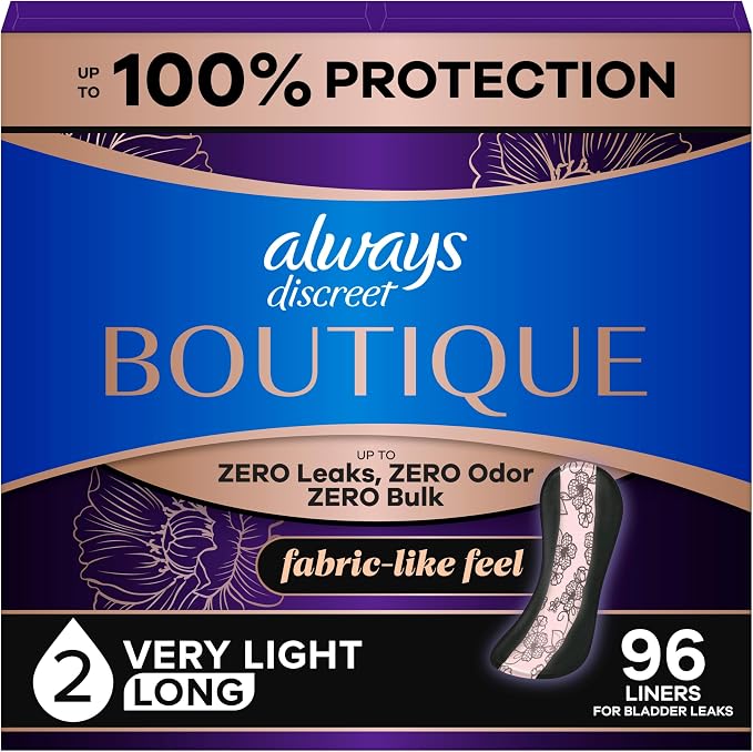Always Discreet Boutique Incontinence Panty Liners for Bladder Leaks, Size 2, Very Light Absorbency, Long Length, 96 Count (3 Packs of 32)