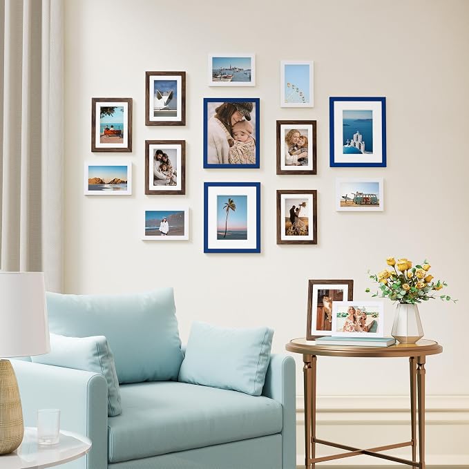 Vittanly 15 Pack Gallery Wall Frame Set, Blue, Brown, White | Picture Frames Collage Wall Decor: 3pcs 8x10, 6pcs 5x7, 6pcs 4x6. Picture Frame Set for Wall or Tabletop Display