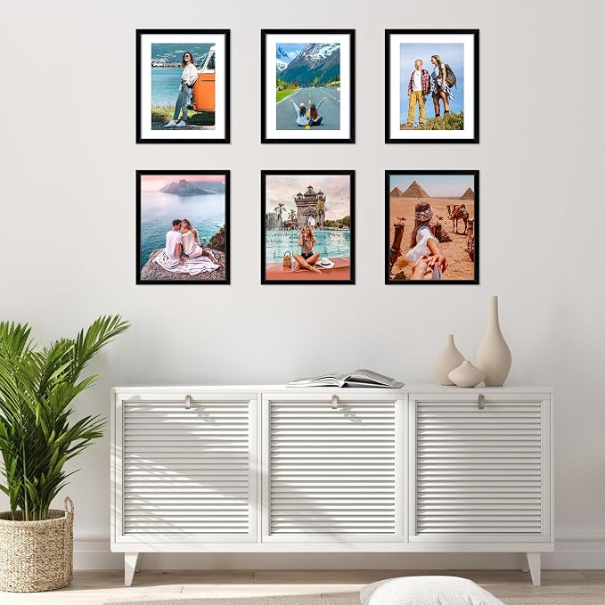 8x10 Picture Frame Set of 6, Black Photo Frames Bulk with HD Plexiglass, Display Pictures 5x7 with Mat or 8x10 Without Mat, Multi Picture Frames Collage for Tabletop or Wall Display
