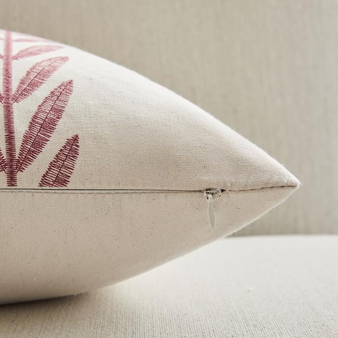 Farmhouse Leaves Throw Pillow Covers Set of 2, 16x16in Burgundy | 100% Organic Cotton, Rustic Accent Print Pillow Case, Pastoral Decorative Cushion Covers for Sofa Bed Living Room Home Decor